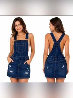 Wax Jean Distressed Denim Overall Dress/Adjustable Straps.  Size M